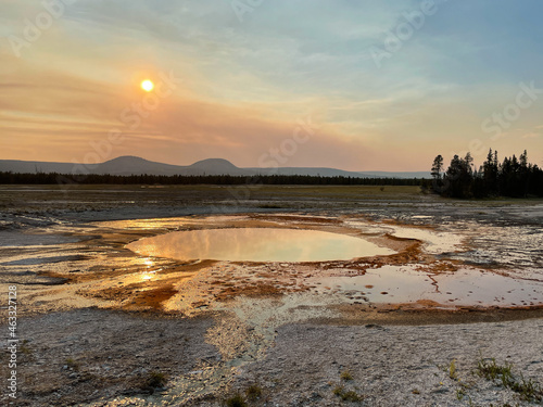 Yellowstone National Park Grand Prismatic Spring Sunset