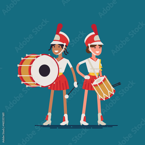 Marching band drummer girls. Flat vector character design on street music festival parade orchestra band female members wearing uniform, shako hats, snare and base drums
