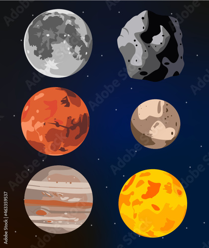 Illustration flat design planètes, lune, mars, pluton, soleil, météorite, Jupiter