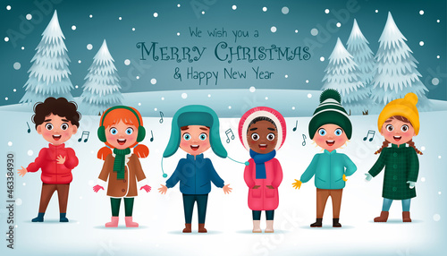 Сhildren singing Christmas carol song on snowy background. Merry Christmas and Happy New Year greeting card or banner. Cartoon vector illustration