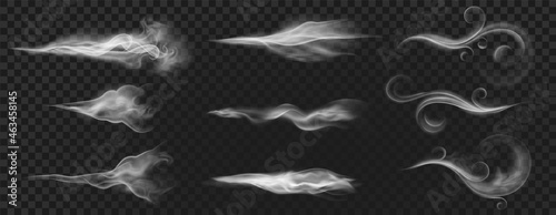 Realistic wind blow swirls, smoke air or hot steam. Curved flow waves, mist, aroma or perfume clouds effect. White blowing stream vector set