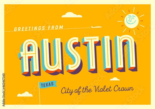 Greetings from Austin, Texas - City of the Violet Crown - Touristic Postcard - EPS 10.