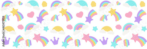Pop it background as a fashionable silicon fidget toys. Addictive anti-stress toy in pastel colors. Bubble popit background with rainbow, star, unicorn, heart, shell. Vector illustration wide format.