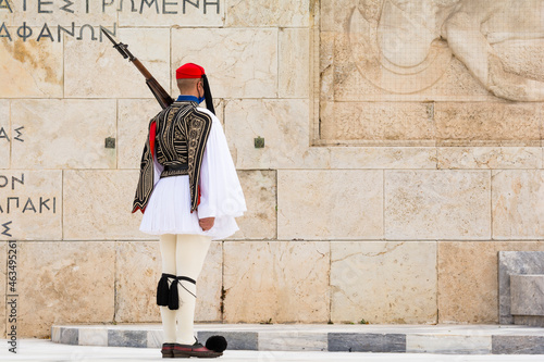 Soldier of the presidential guard standing in front of the monument of the Unknown Soldier in Athens, Greece.