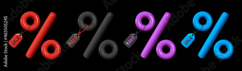 Set of Minimal 3d percent sign, Label symbol sales discount. Multicolored chameleon, red, purple and blue. Realistic design element. Black Friday Sale. Vector illustration