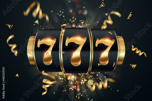 Slots creative background, Lucky seven 777 on Slot machine, dark golden style. Casino concept, luck, gambling, jackpot. 3D render, 3D illustration.