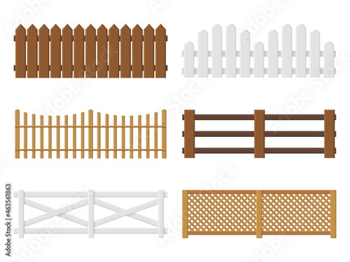 Wooden fences. Flat farm barriers and border walls. Country planks fencing templates. Different types yard railings. Ranch enclosures. Garden protection elements. Vector boundaries set