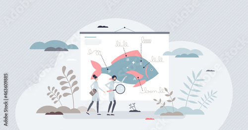 Ichthyology study as knowledge about fish and sea animals tiny person concept. Biological water inhabitant research and learning ocean and freshwater species as brunch of zoology vector illustration.