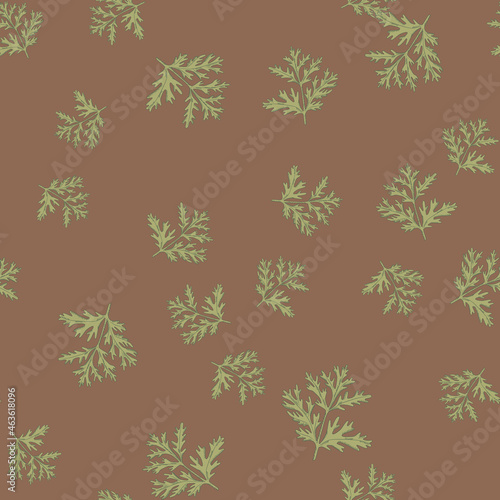 Seamless pattern wormwood on brown background. Beautiful plant ornament green color. Random texture template for fabric.