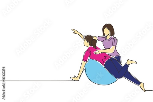 Continuous one line drawing physiotherapy rehabilitation isometric composition with female patient lying on rubber ball with medical assistant. Healthcare. Single line draw design vector illustration