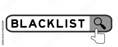Search banner in word blacklist with hand over magnifier icon on white background