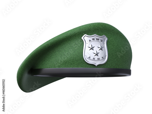 Military green beret of army special forces with silver emblem on white background 3d rendering