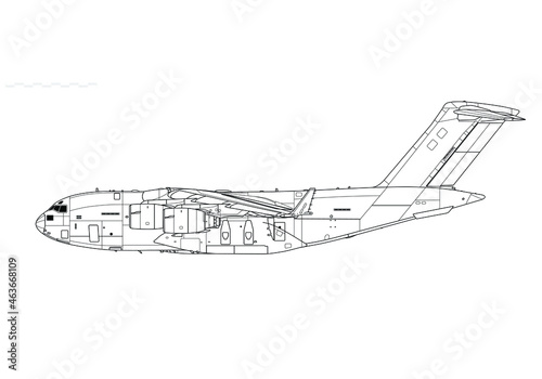 Boeing C-17 Globemaster III. Vector drawing of heavy transport aircraft. Side view. Image for illustration and infographics.