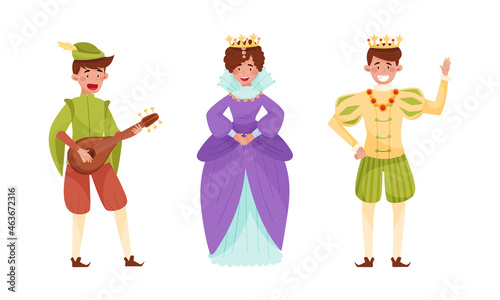 Medieval people set. Minstrel, queen and king European middle ages historical characters cartoon vector illustration