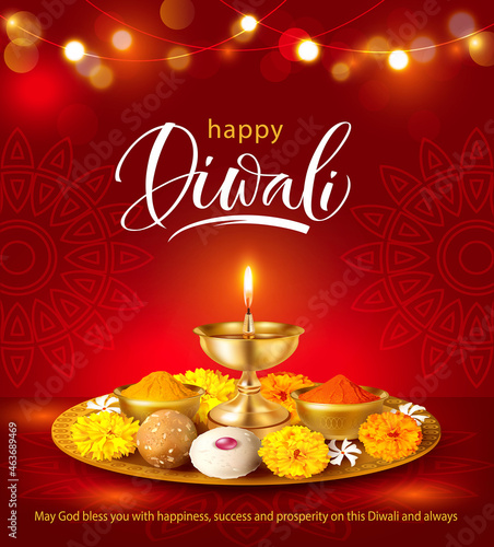 Happy Diwali background with puja thali, diya (oil lamp) and traditional sweets laddu. Vector illustration. 