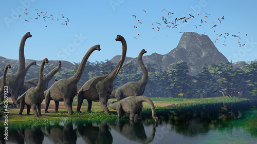 Brachiosaurus altithorax herd and a flock of Pterosaurs in a scenic Late Jurassic landscape 