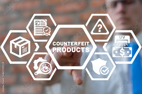 Concept of counterfeit products. Counterfeits goods and money crime. Counterfeiting fight.