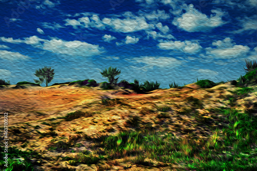 Sand dunes with undergrowth at the tropical beach of Arraial do Cabo. In a Brazilian region of stunning coastal beauty. Oil paint filter.