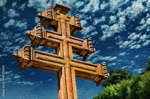 Papal cross or triple cross carved on stone in Baroque style in Ouro Preto. A village with colonial architecture in Brazil. Oil paint filter.