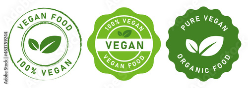 vegan food stamp label for vegetarian green leaf circle seal sticker vector graphic isolated set