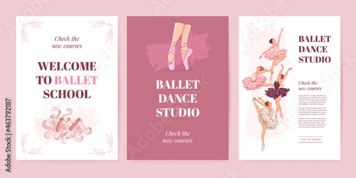 Set of ballet school poster template with hand drawn ballerina and pointe shoes