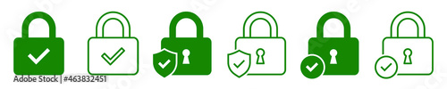 Set of security lock icons. Circle and shield with lock icon with check mark. Security lock, cyber defence. Vector illustration.