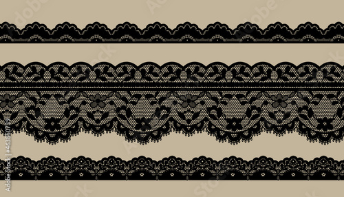 Set Of Black Lace Trim Vectors. Jacquard Mesh Lace Fabric.