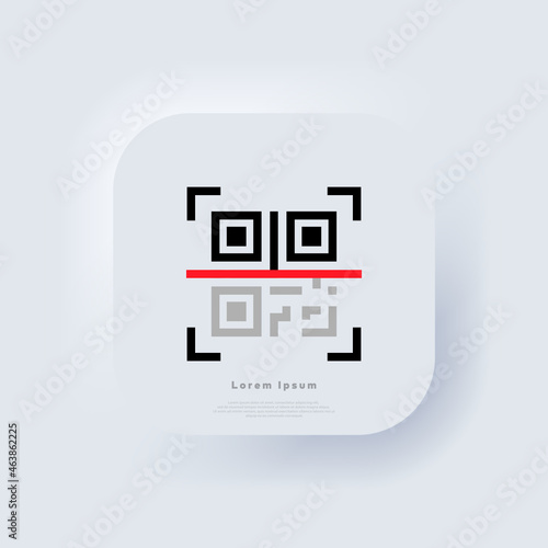 QR code scanning. Scan me. Read bar code, mobility, generating app, coding. Recognition or reading qr code in flat style. Neumorphic UI UX white user interface web button. Neumorphism. Vector EPS 10