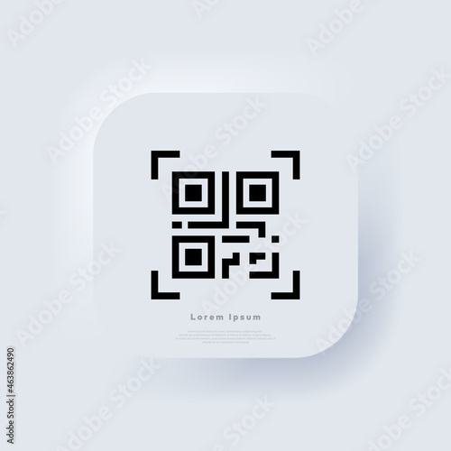 QR code scanning. Scan me. Read bar code, mobility, generating app, coding. Recognition or reading qr code in flat style. Neumorphic UI UX white user interface web button. Neumorphism. Vector EPS 10