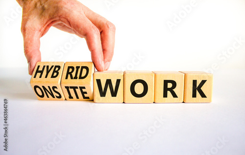 Hybrid or onsite work symbol. Businessman turns cubes and changes words 'onsite work' to 'hybrid work'. Beautiful white background. Business, hybrid or onsite working concept, copy space.
