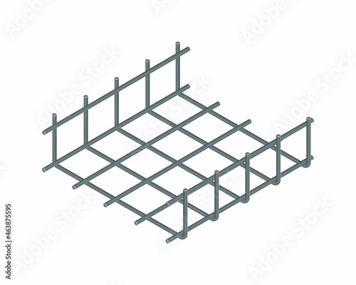 Isometric vector illustration tied rebar cage isolated on white background. Realistic steel reinforcement bars icon. Construction rebar. Steel rods used for reinforcing concrete. Building materials.