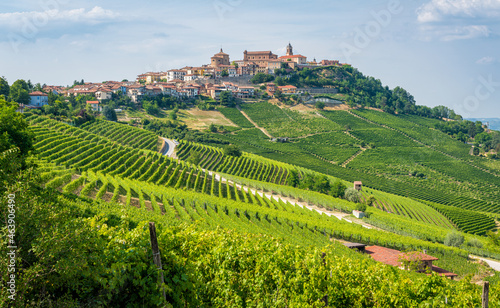 The beautiful village of La Morra and its vineyards in the Langhe region of Piedmont, Italy.