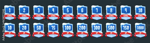 Ice badges with level number and experience points for game ui design. Vector cartoon icons of labels from ice and snow with rank, xp and red ribbons isolated on black background