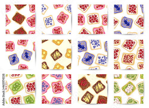 Set of toast bread sandwiches comic style seamless border patterns. Sandwiches with fruits and vegetables healthy green wallpapers. Breakfast or lunch food background texture tiles collection