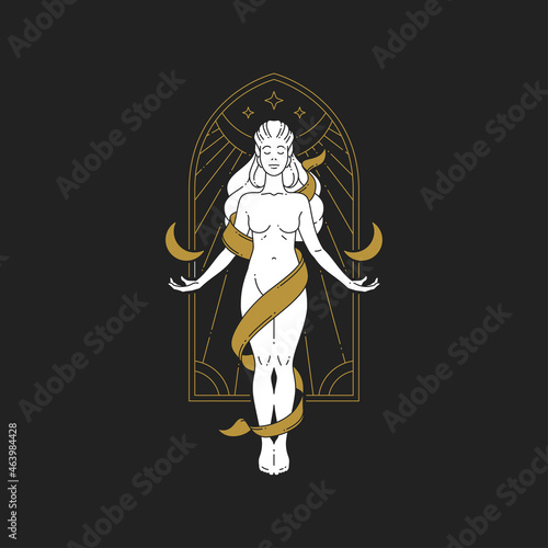 Esoteric mythical woman goddess with half moon and stars linear hand drawn vector illustration