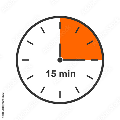 Clock icon with 15 minute time interval. Quarter of hour. Countdown timer or stopwatch symbol isolated on white background. Infographic element for cooking or sport game. Vector flat illustration.