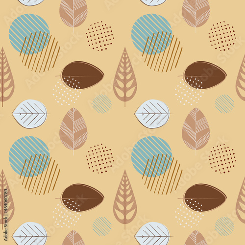 Vector botanical floral seamless pattern in retro style. Abstract leaves and shapes in 60s, 70s mid-century modern style in muted yellow, brown and blue colors. Perfect for scrapbooking, greeting card