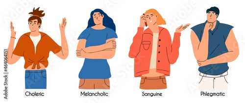 A set of people with different types of temperament. Choleric, sanguine, melancholic, phlegmatic. A collection of people with individual characters. Vector illustration in flat style