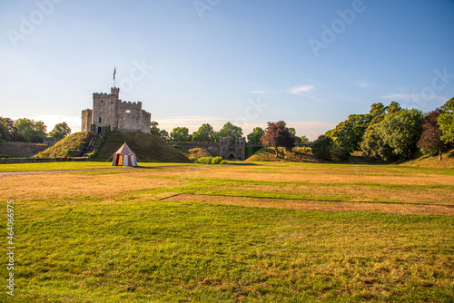 Norman Keep, and battlements with tent in the foreground of the gardens Cardiff Castle,Panoramic, Autumn, Cardiff, Wales, UK