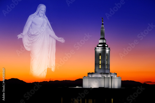 Pocatello Idaho LDS Mormon Temple with Lights at Sunset and Jesus Looking with Arms Out