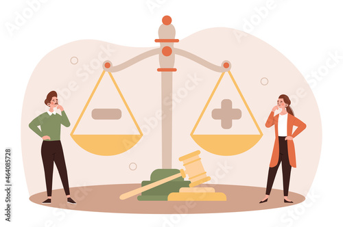 Legal decisions concept. Two girls standing near scales. Weigh pros and cons. Decision making, assessment of prospects, balance. Cartoon flat vector illustration isolated on white background