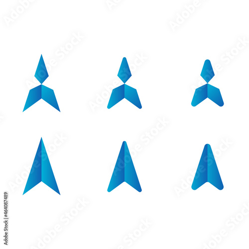 Blue icon in the form of a two-piece aircraft in six different versions. Easily scalable and suitable for logo or applications.