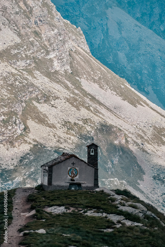 Church and an astonishing view of the Alps from Gran Paradiso Natural Reservation in Italy