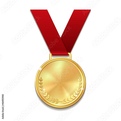 Vector gold medal on red ribbon with laurel wreath.