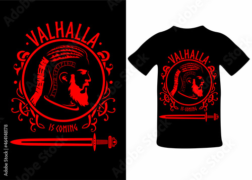 Valhalla winter is coming, viking silhouette with scandinavian knots and sword, t-shirt print, sticker, postcard. Vector illustration isolated, background.