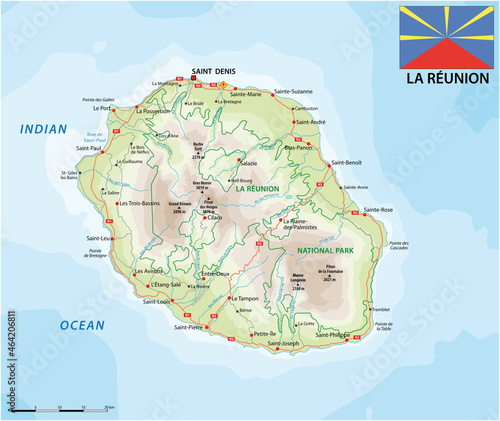 la reunion road and national park vector map with flag