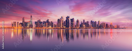 The Panoramic skyline of Doha, Qatar during sunrise