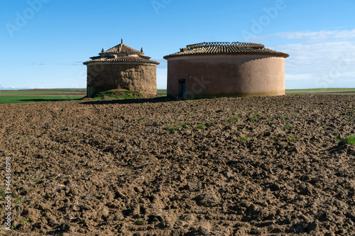 View of the Castilla fields at sunset with dovecotes