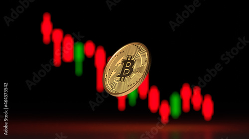 Bitcoin moneta w tle wykresy świecowe giełda kryptowalut spadki kryptowalut