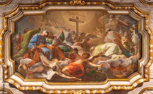 ROME, ITALY - SEPTEMBER 2, 2021: The painting Apparition of the Cross on the Day of Judgement in the church Basilica di Santa Croce in Gerusalemme by Corrado Giaquinto (1744).